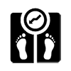 Black and white icon of a scale with outline of two feet on the scale the weight indication is declining